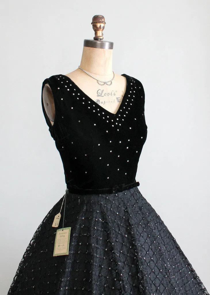 Vintage 1950s Night Sky Velvet and Rhinestone Party Dress