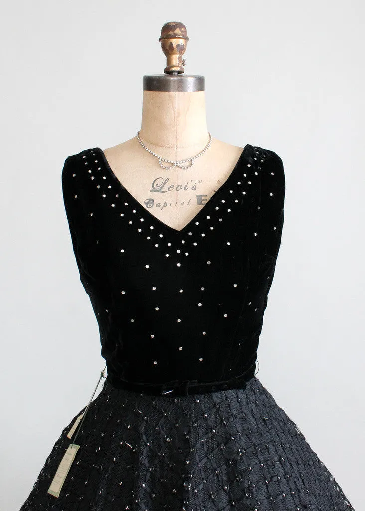 Vintage 1950s Night Sky Velvet and Rhinestone Party Dress