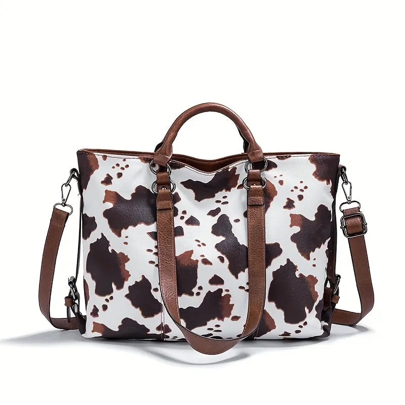 Vintage Chic Cow Print Tote Bag - Spacious Multi-Pocket PU Leather Crossbody Handbag with Adjustable Shoulder Strap, Layered Business Briefcase Design, Stylish and Practical for Work, Travel, and Daily Use