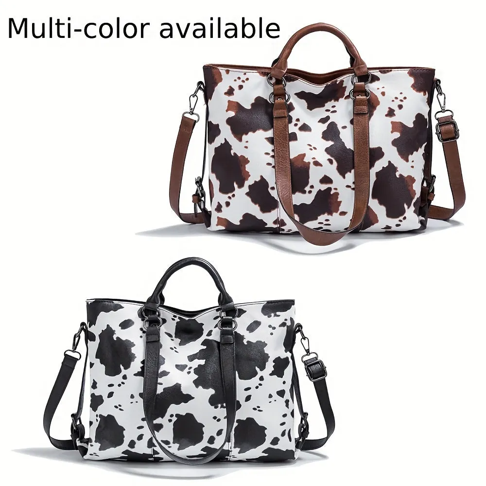 Vintage Chic Cow Print Tote Bag - Spacious Multi-Pocket PU Leather Crossbody Handbag with Adjustable Shoulder Strap, Layered Business Briefcase Design, Stylish and Practical for Work, Travel, and Daily Use