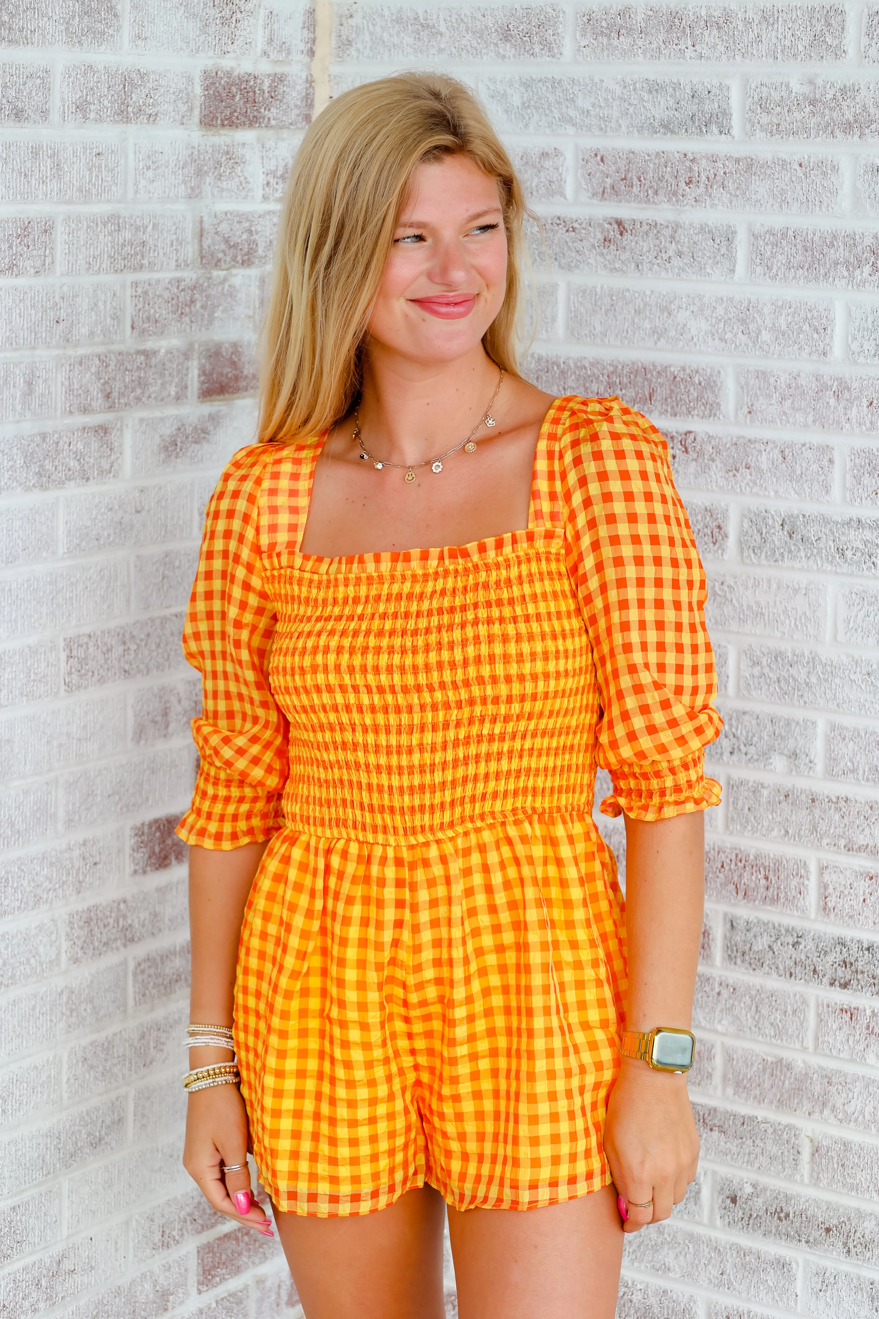 Waiting On Smokey Smocked Bodice Gingham Romper