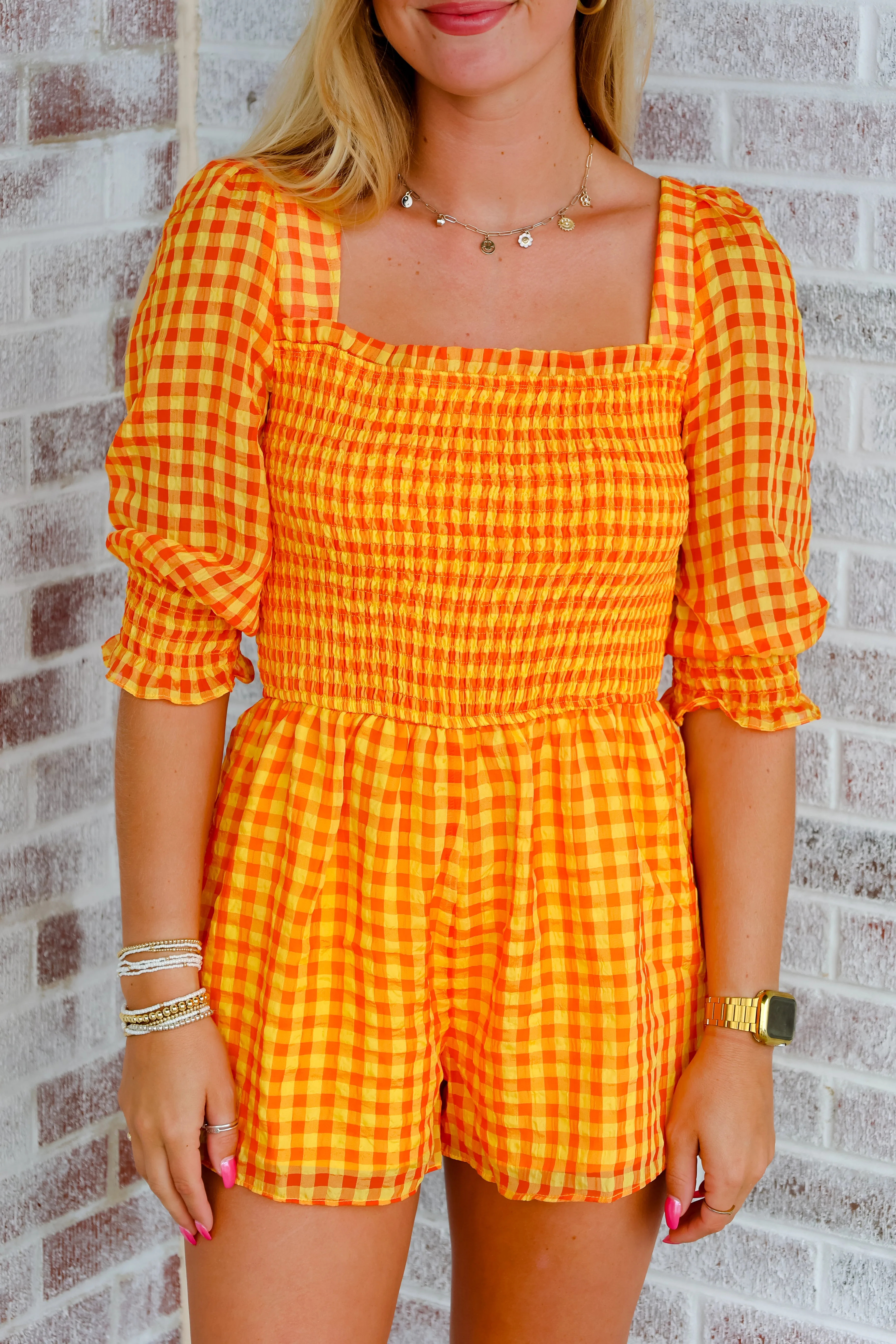 Waiting On Smokey Smocked Bodice Gingham Romper