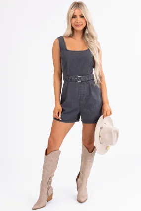 Washed Black Denim Square Neck Romper