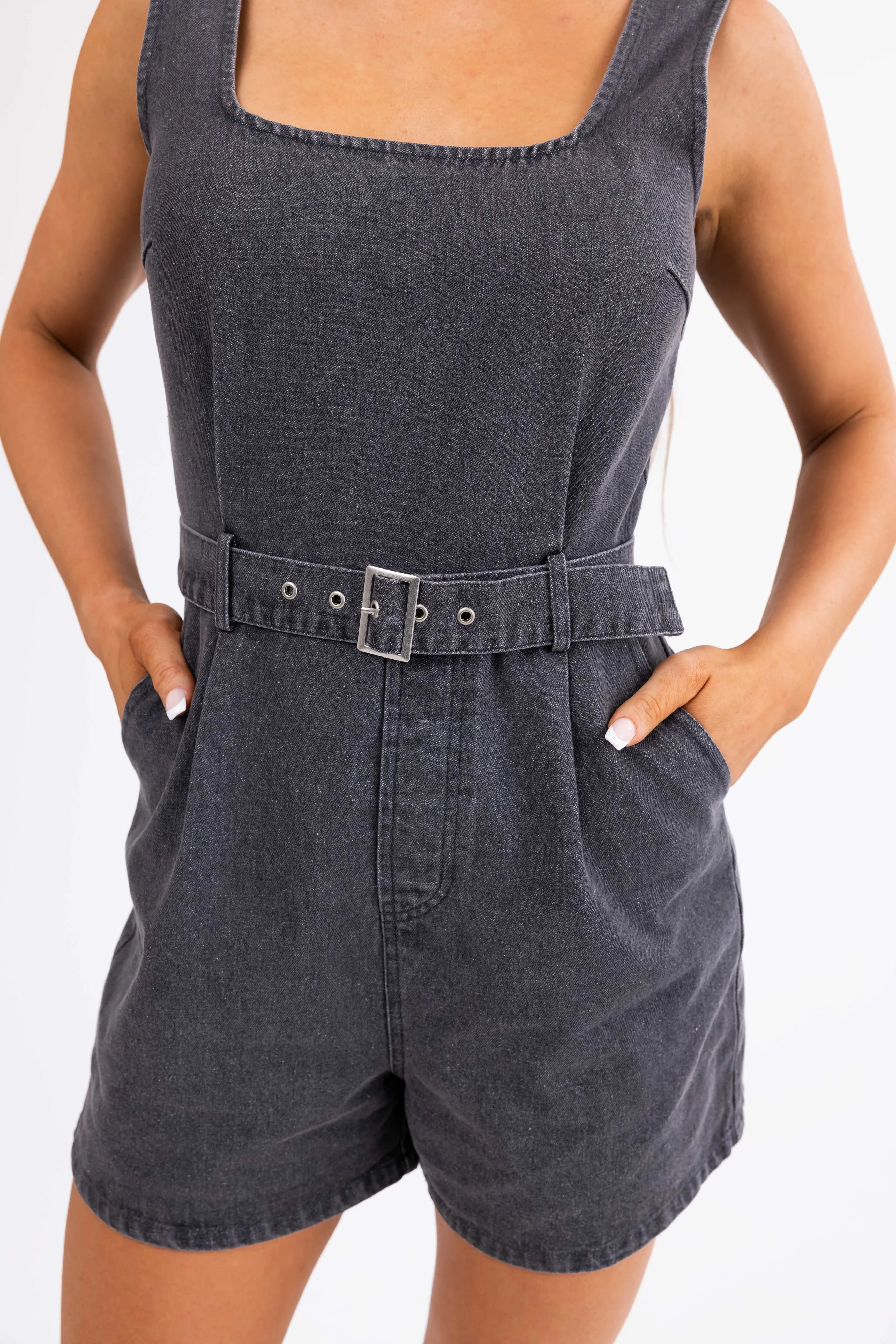 Washed Black Denim Square Neck Romper