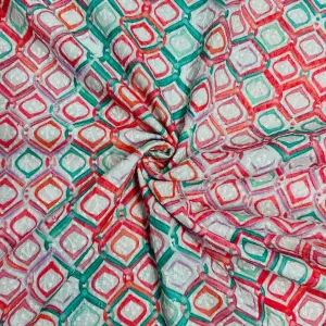 White With Red & Green Handblock Print Sequins Embroidery