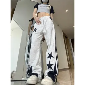 Wjczt Y2K Striped Sweatpants Women American Retro Star Embroidered Wide Leg Pants Streetwear Casual All Match Black Trousers New