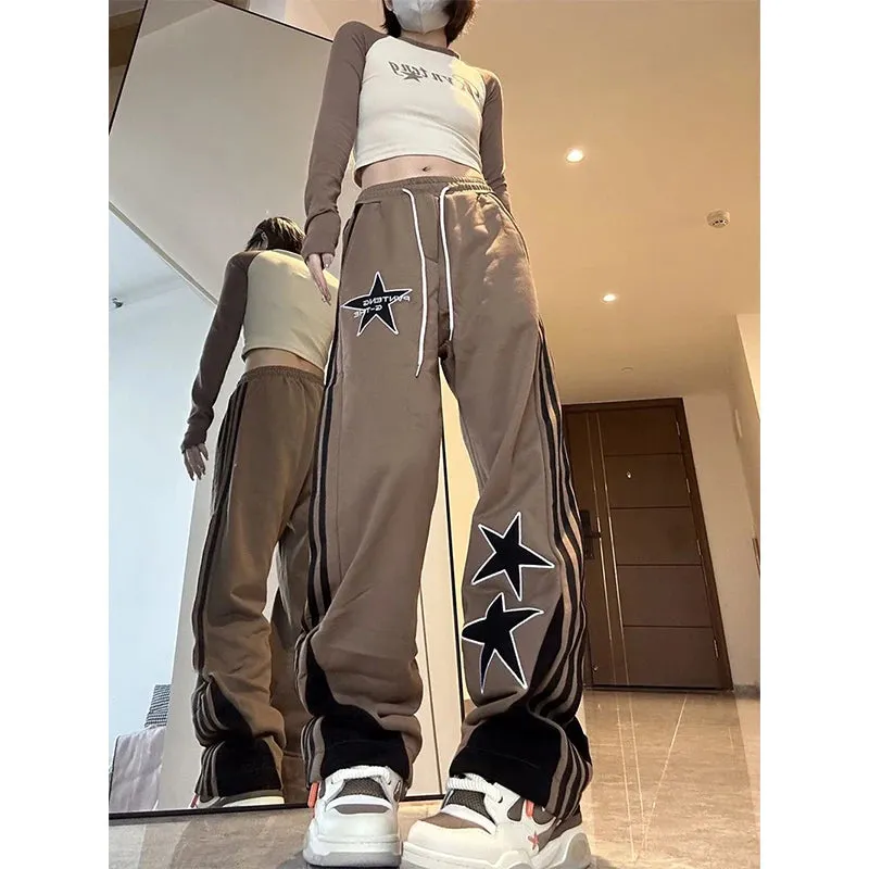 Wjczt Y2K Striped Sweatpants Women American Retro Star Embroidered Wide Leg Pants Streetwear Casual All Match Black Trousers New