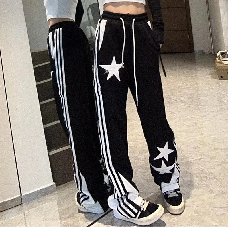 Wjczt Y2K Striped Sweatpants Women American Retro Star Embroidered Wide Leg Pants Streetwear Casual All Match Black Trousers New