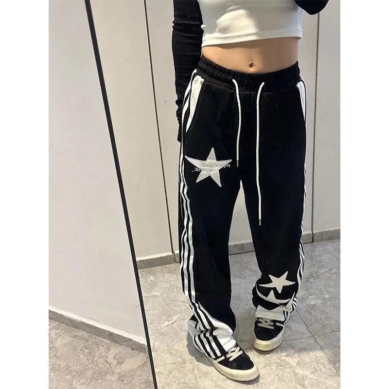 Wjczt Y2K Striped Sweatpants Women American Retro Star Embroidered Wide Leg Pants Streetwear Casual All Match Black Trousers New