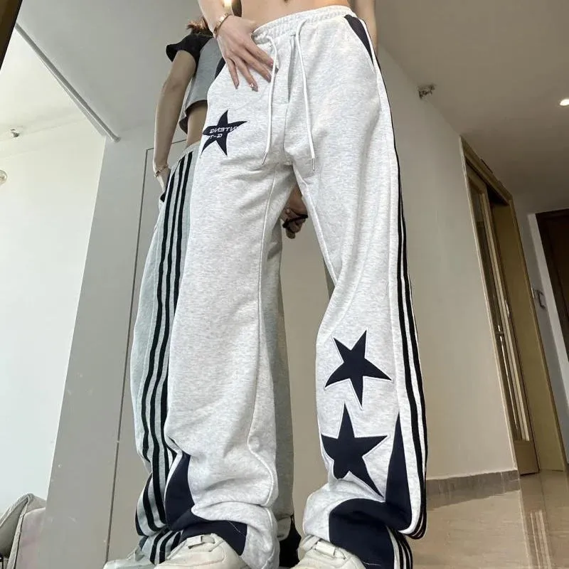 Wjczt Y2K Striped Sweatpants Women American Retro Star Embroidered Wide Leg Pants Streetwear Casual All Match Black Trousers New