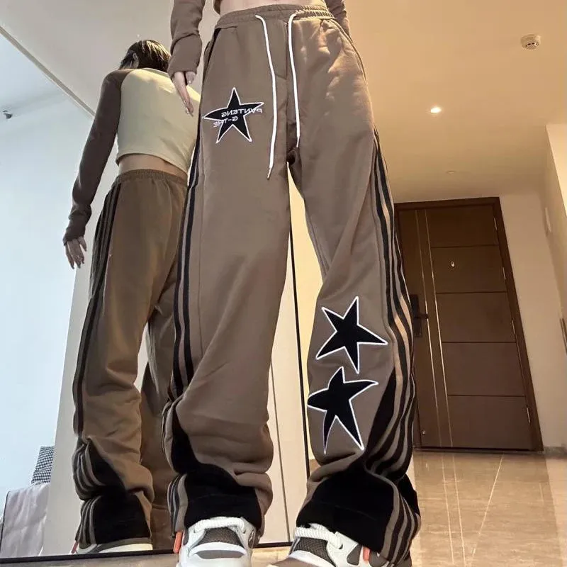 Wjczt Y2K Striped Sweatpants Women American Retro Star Embroidered Wide Leg Pants Streetwear Casual All Match Black Trousers New