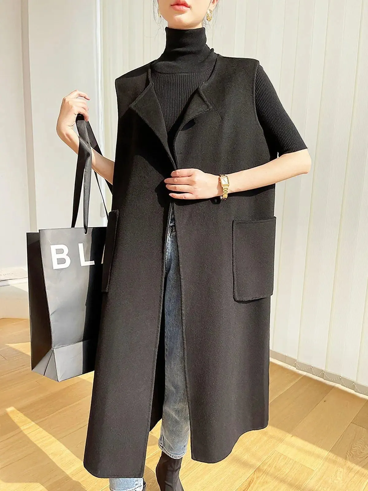 Women Black Long wool Vest,Wool Waistcoat,Oversize Wool Vest,Long Wool Waistcoat,Black Long Coat,Wool Cardigan Vest,Long Wool Waistcoat