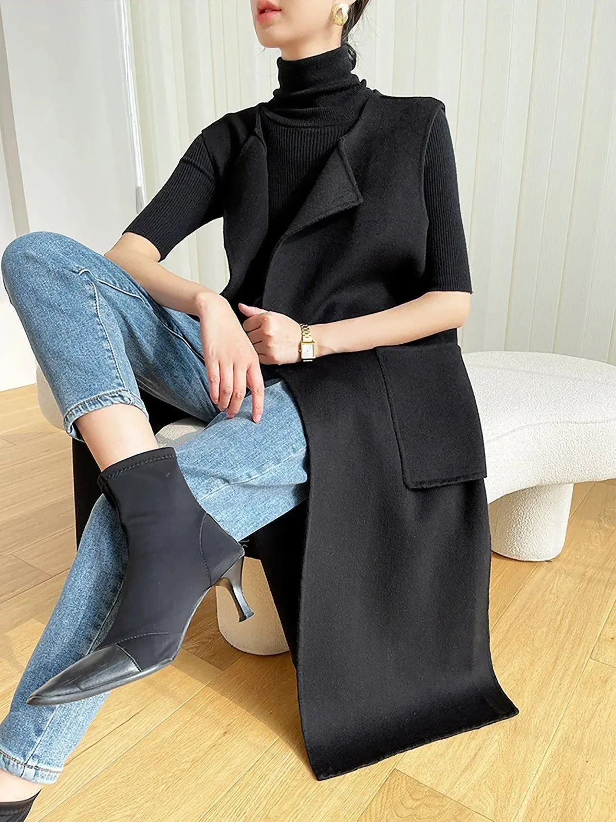 Women Black Long wool Vest,Wool Waistcoat,Oversize Wool Vest,Long Wool Waistcoat,Black Long Coat,Wool Cardigan Vest,Long Wool Waistcoat