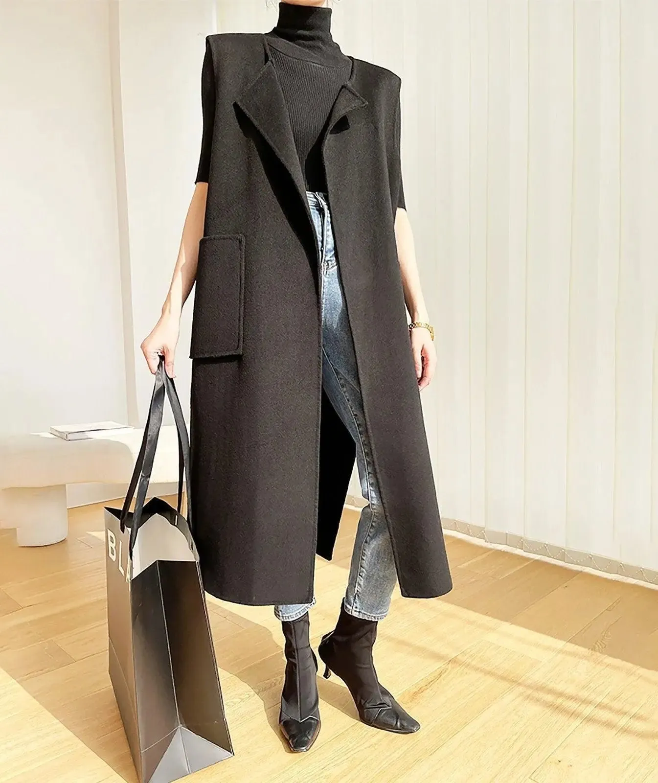 Women Black Long wool Vest,Wool Waistcoat,Oversize Wool Vest,Long Wool Waistcoat,Black Long Coat,Wool Cardigan Vest,Long Wool Waistcoat