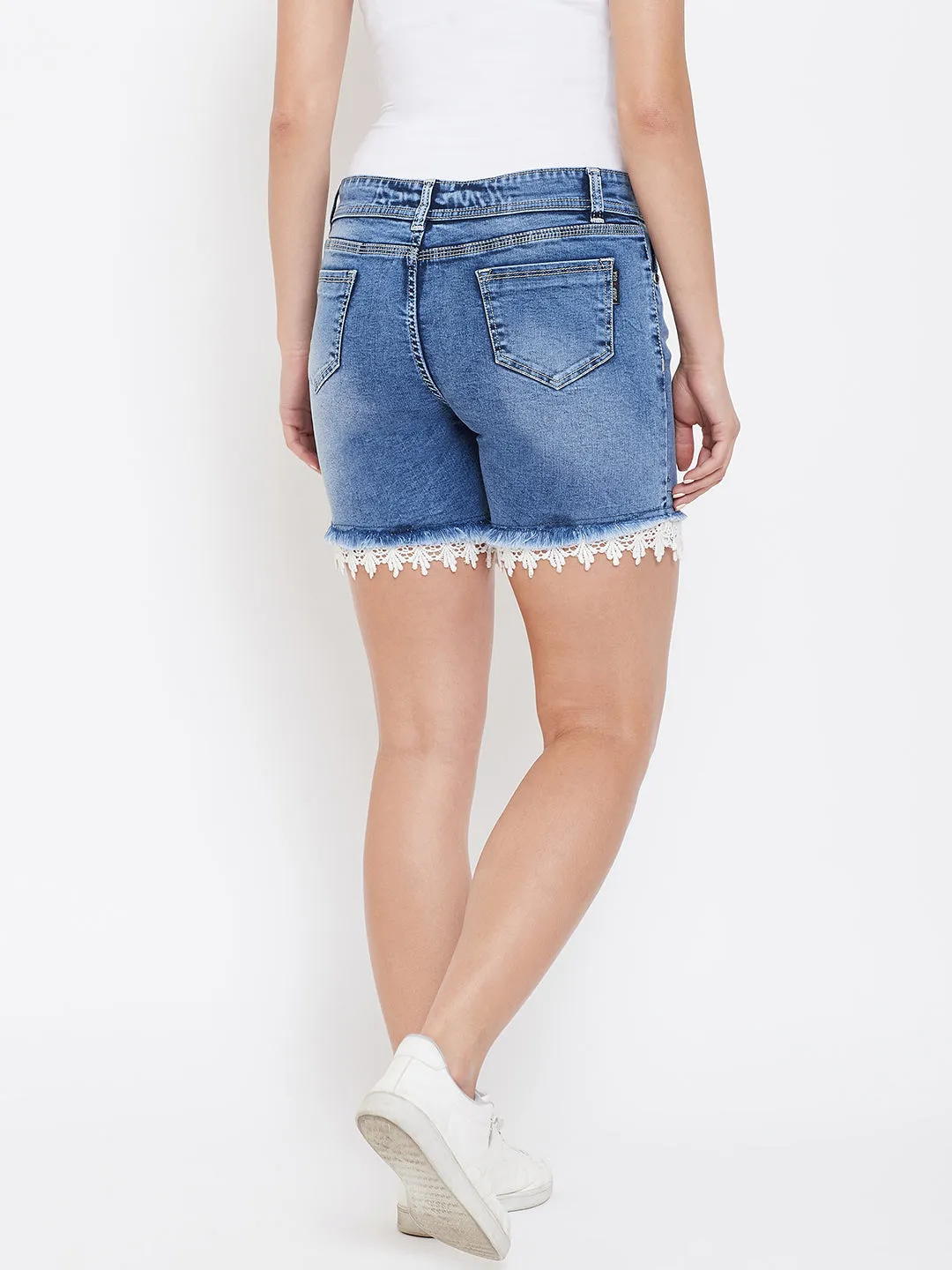 Women Blue Cloud Wash Casual Denim Shorts