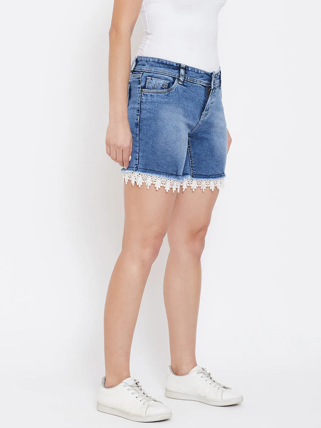 Women Blue Cloud Wash Casual Denim Shorts