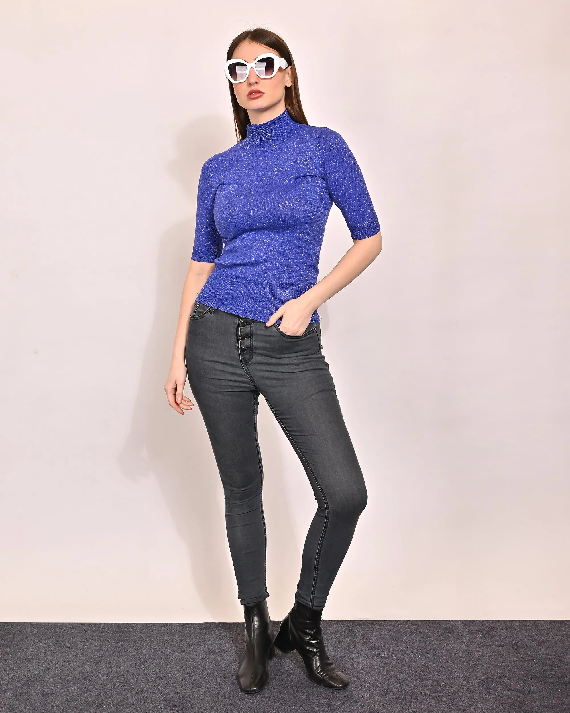 Women Blue High Neck Elbow Sleeve