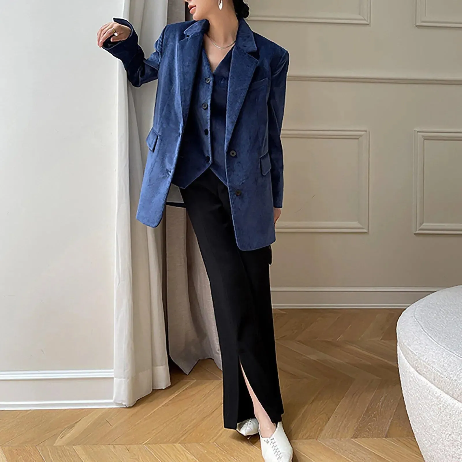 Women Corduroy Blazer Vest Set,Blue Blazer Vest,Oversize Suit,Blue Suit Women,Cotton Blazer Coat,Suit Vest,Corduroy Suit Vest,Autumn Suit