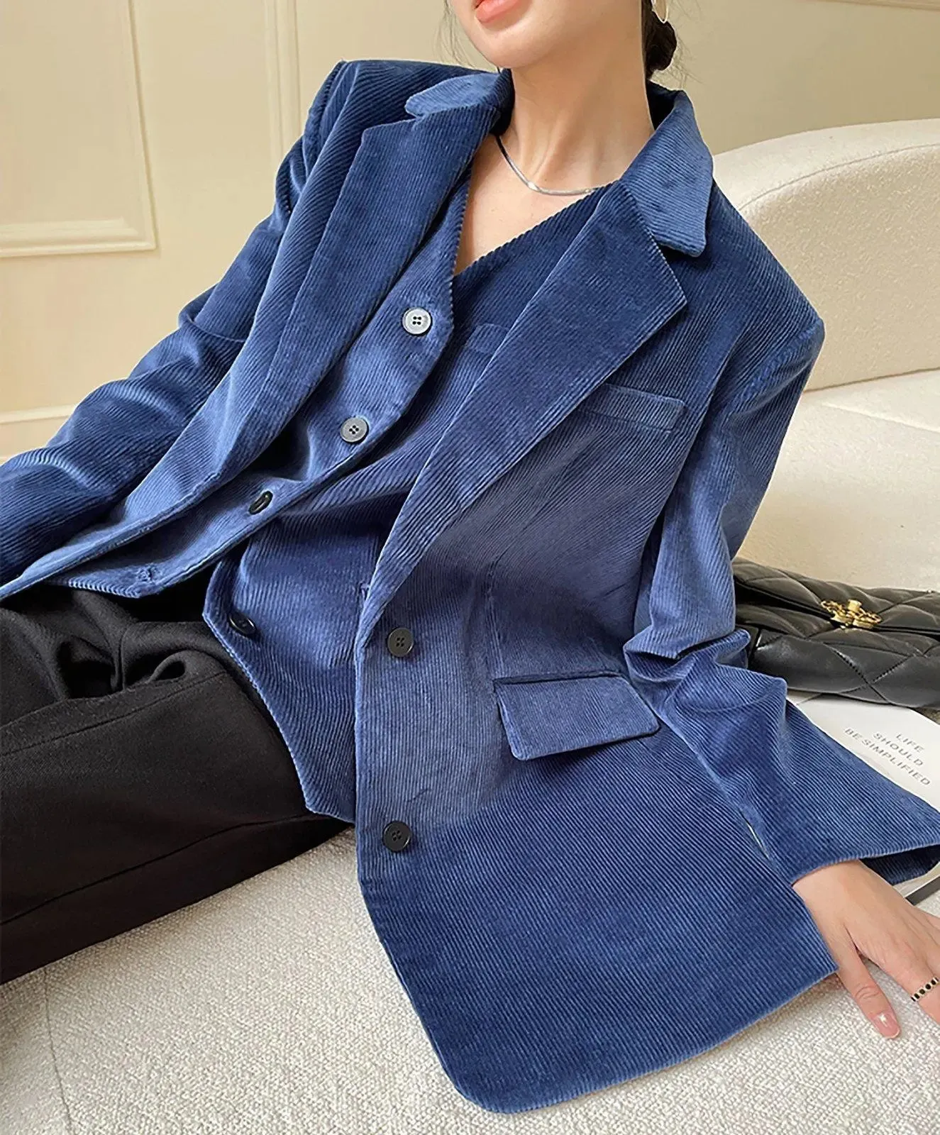 Women Corduroy Blazer Vest Set,Blue Blazer Vest,Oversize Suit,Blue Suit Women,Cotton Blazer Coat,Suit Vest,Corduroy Suit Vest,Autumn Suit