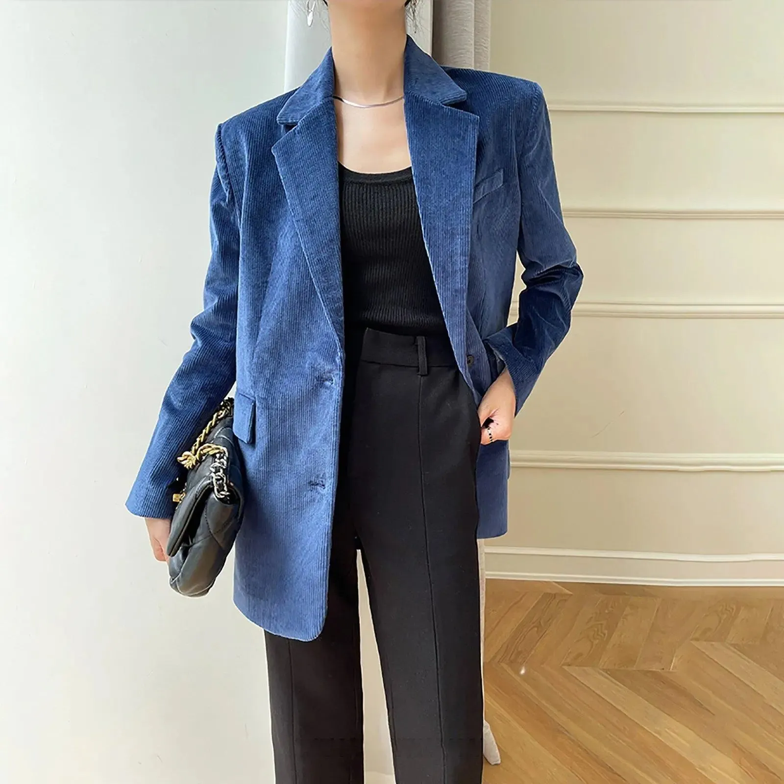 Women Corduroy Blazer Vest Set,Blue Blazer Vest,Oversize Suit,Blue Suit Women,Cotton Blazer Coat,Suit Vest,Corduroy Suit Vest,Autumn Suit