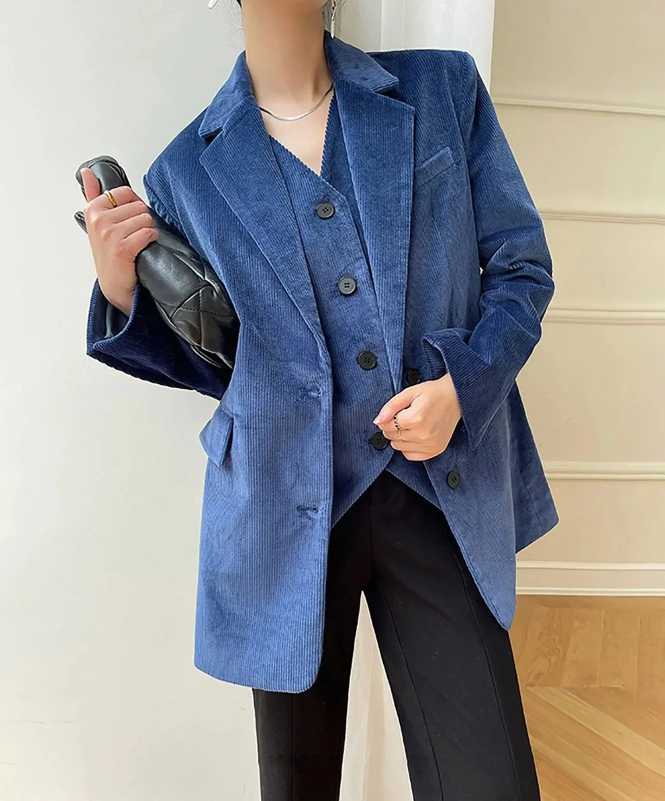 Women Corduroy Blazer Vest Set,Blue Blazer Vest,Oversize Suit,Blue Suit Women,Cotton Blazer Coat,Suit Vest,Corduroy Suit Vest,Autumn Suit