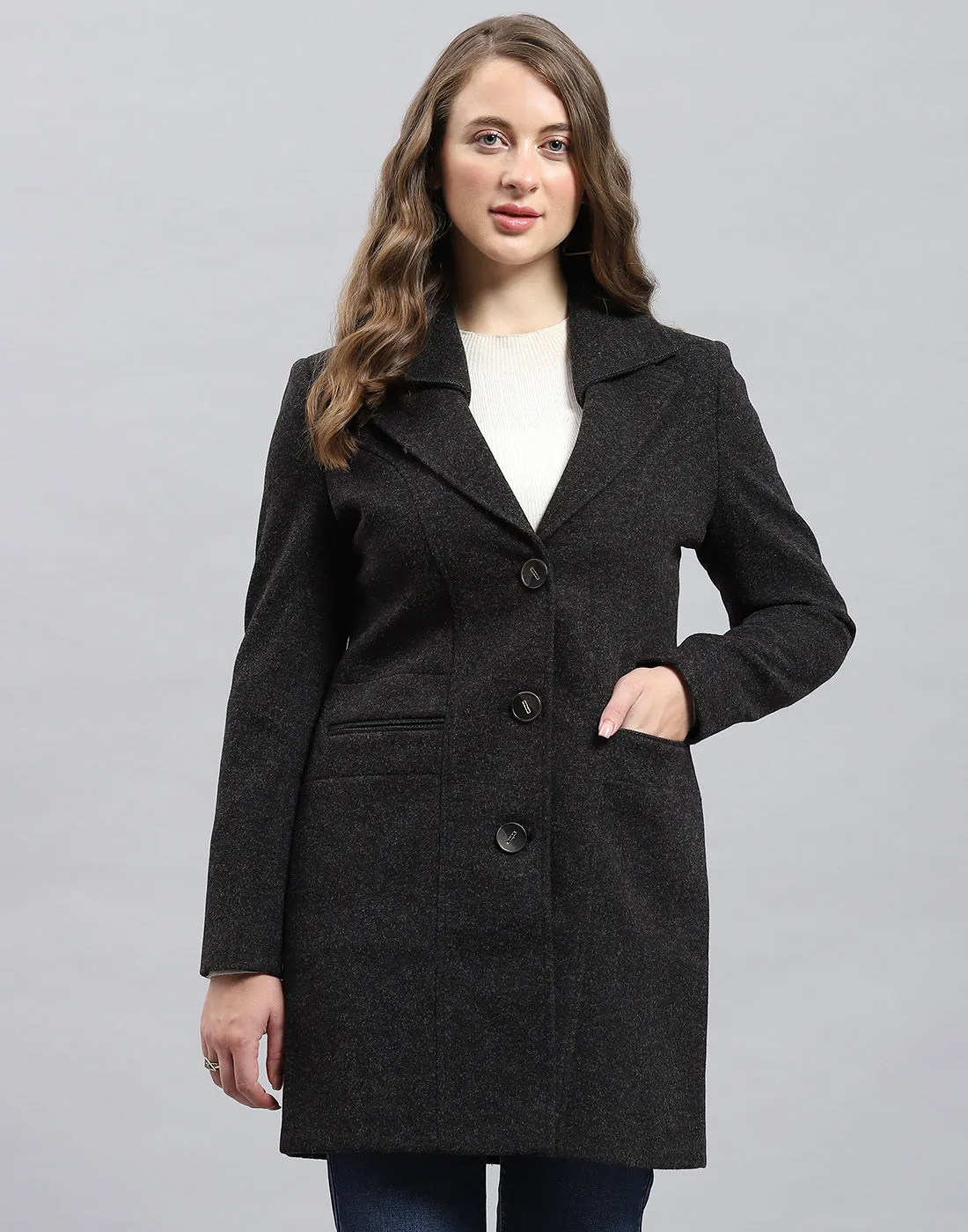 Women Grey Solid Notch Lapel Collar Full Sleeve Coat