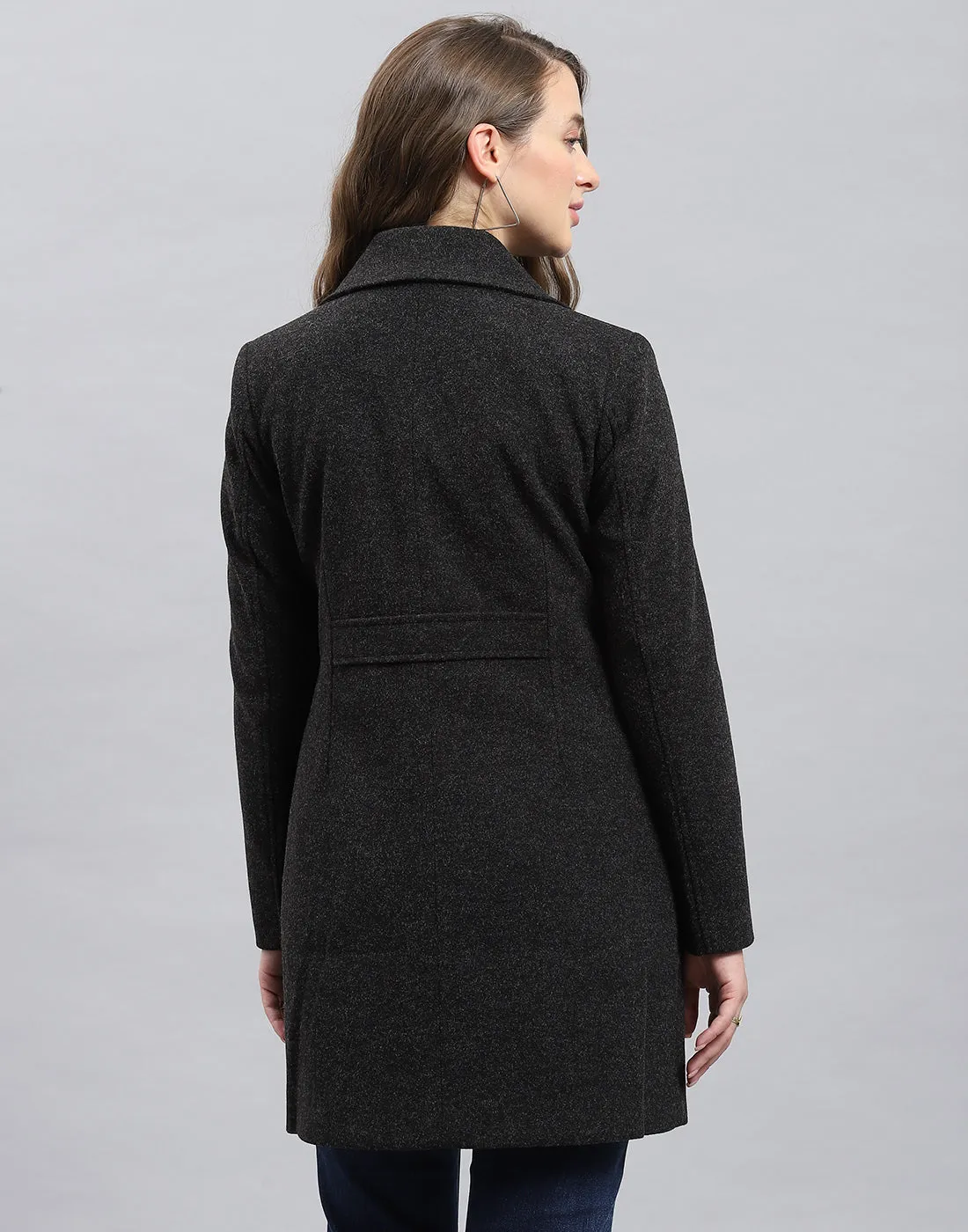 Women Grey Solid Notch Lapel Collar Full Sleeve Coat