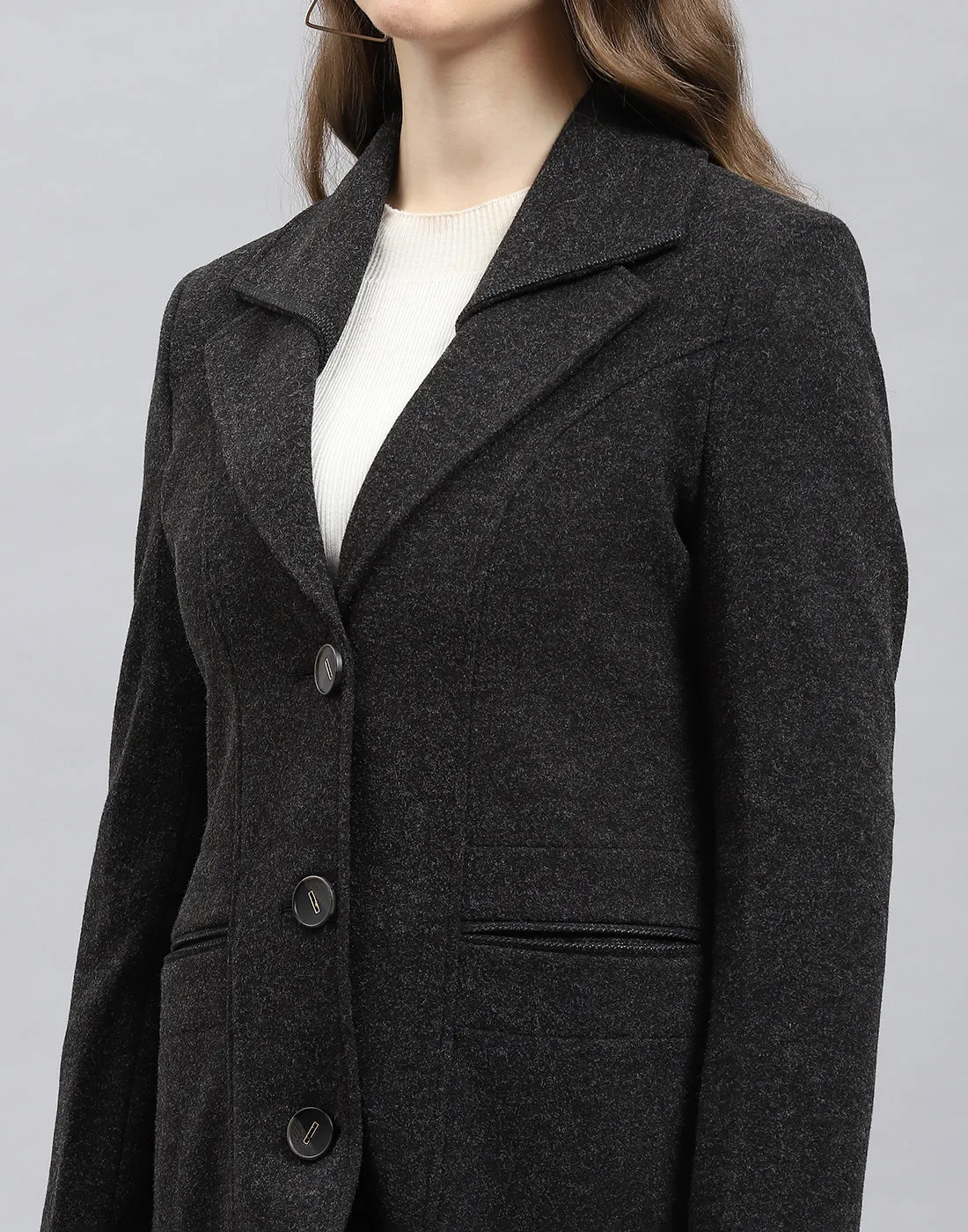 Women Grey Solid Notch Lapel Collar Full Sleeve Coat