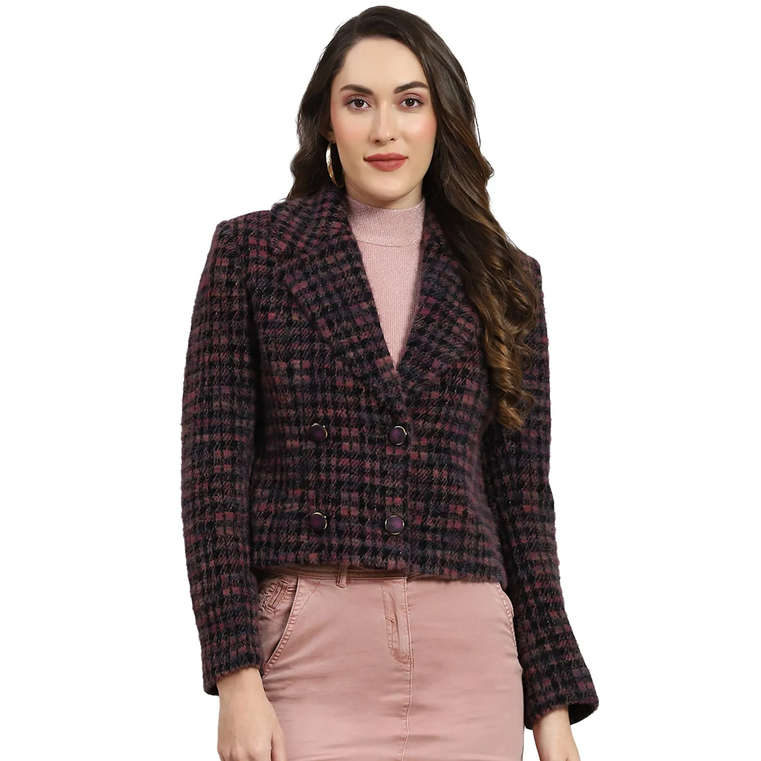 Women Maroon Check Lapel Collar Full Sleeve Coat