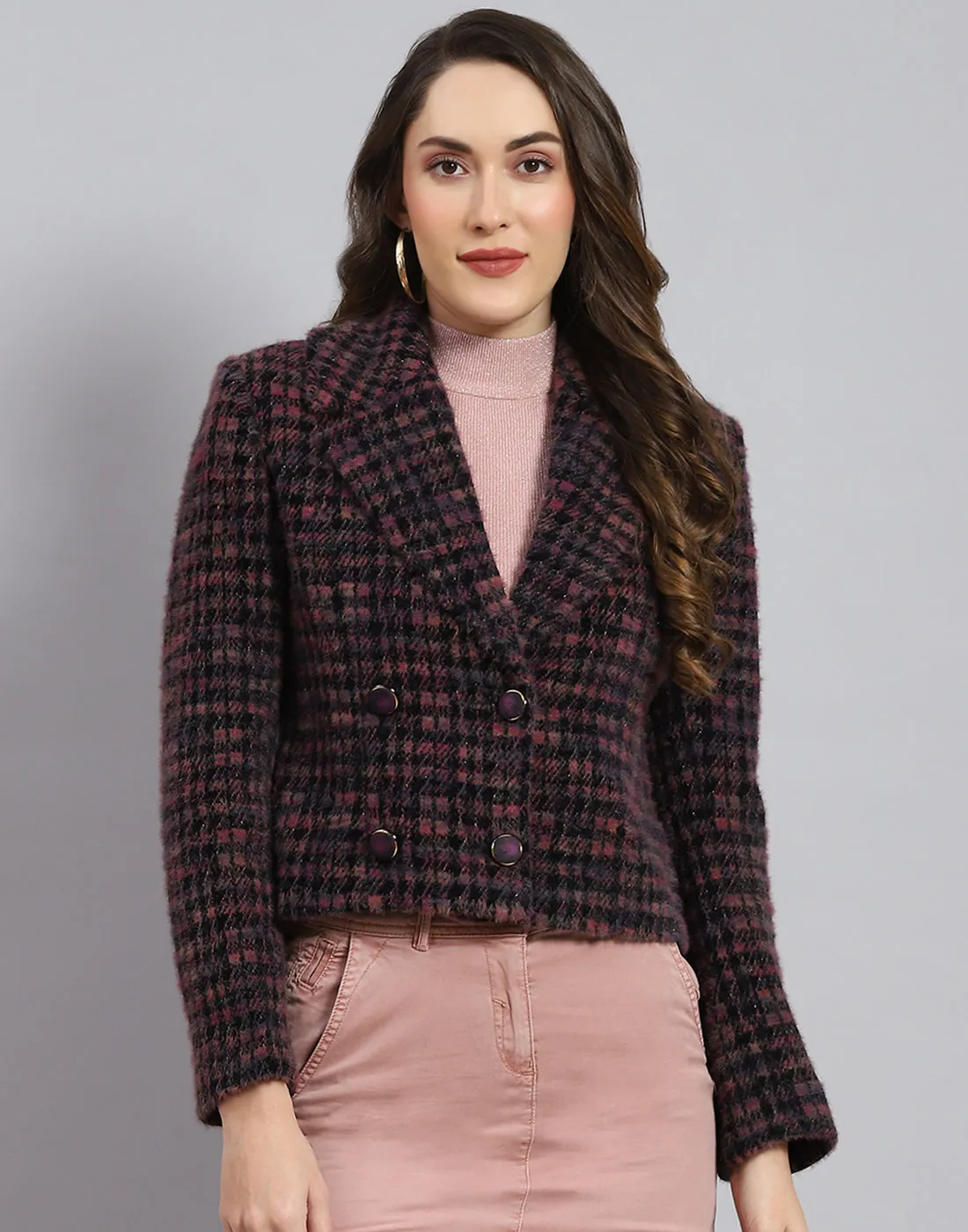 Women Maroon Check Lapel Collar Full Sleeve Coat