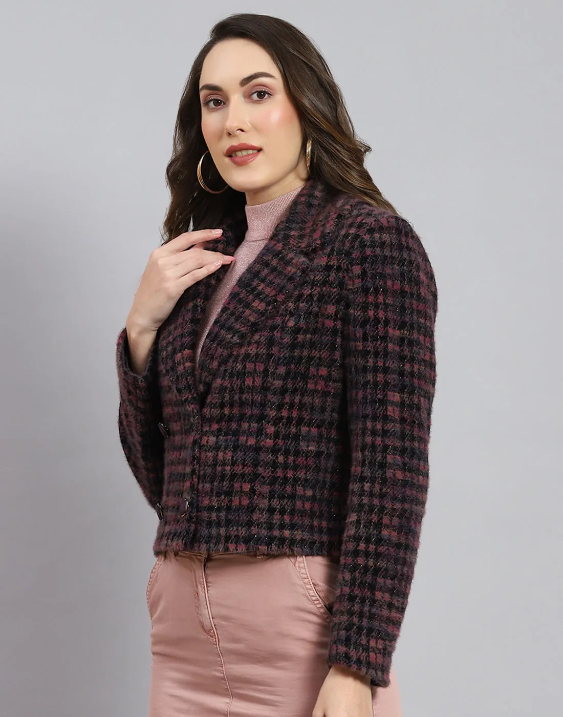 Women Maroon Check Lapel Collar Full Sleeve Coat