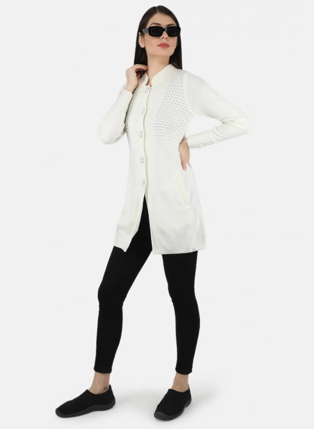 Women White Self Design Coat