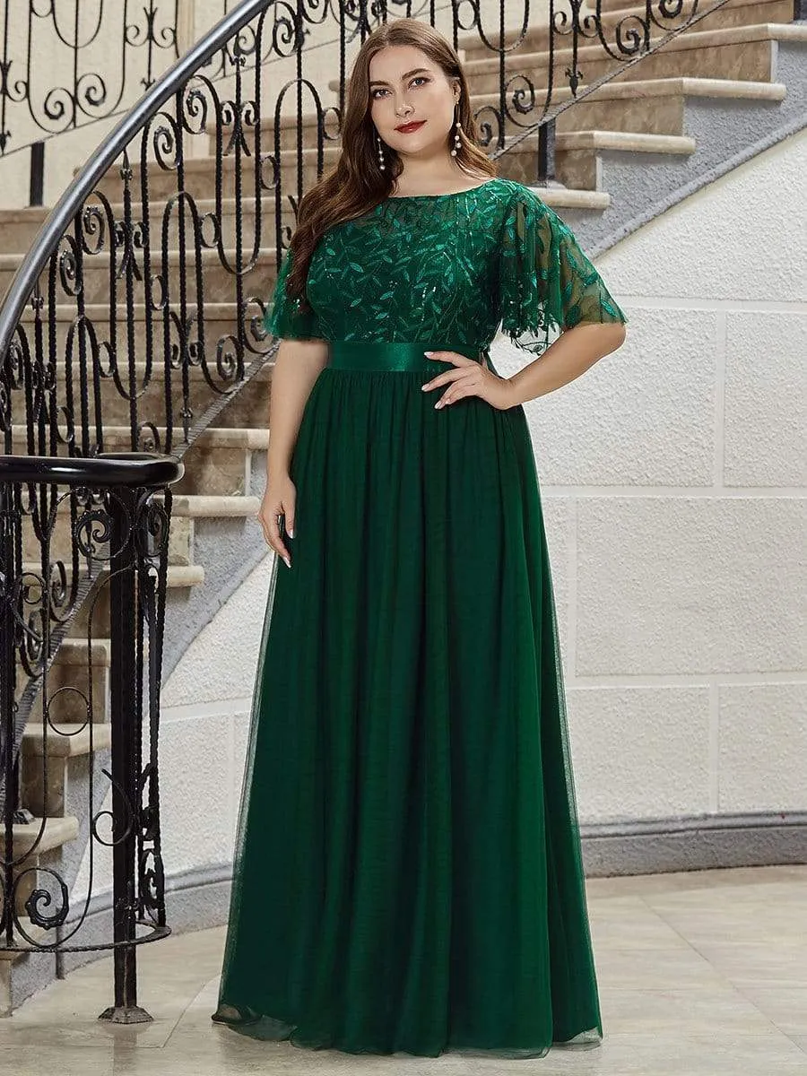 Women's A-Line Short Sleeve Embroidery Floor Length Evening Dresses