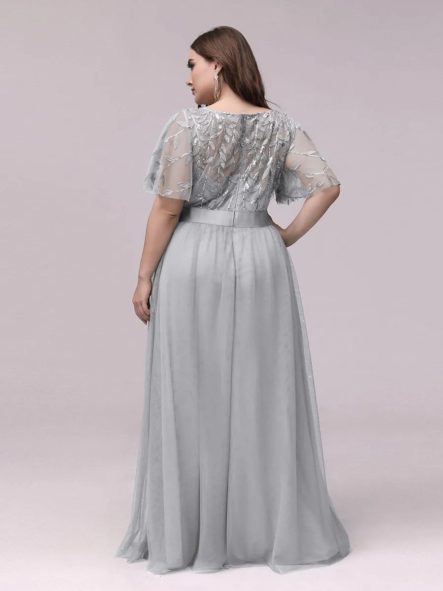 Women's A-Line Short Sleeve Embroidery Floor Length Evening Dresses