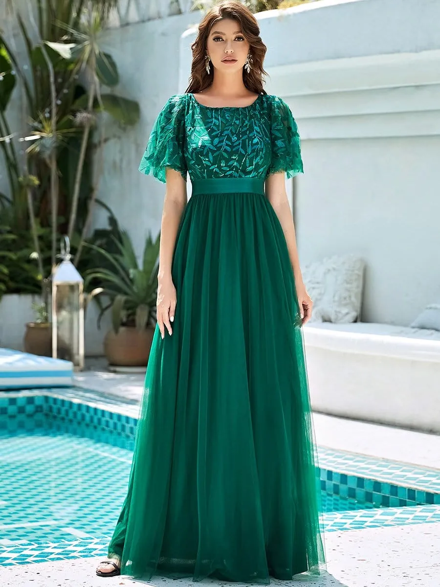 Women's A-Line Short Sleeve Embroidery Floor Length Evening Dresses