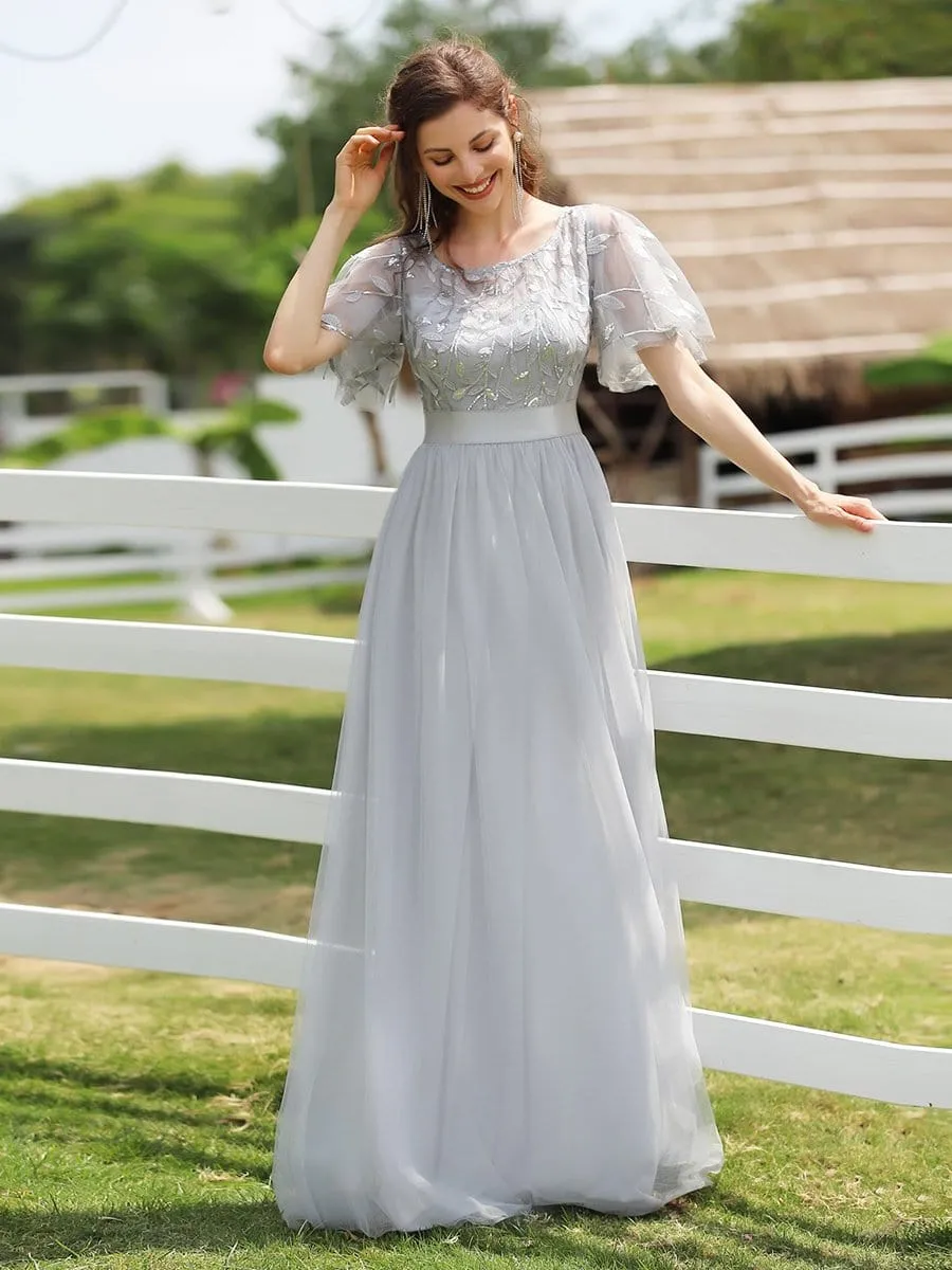 Women's A-Line Short Sleeve Embroidery Floor Length Evening Dresses