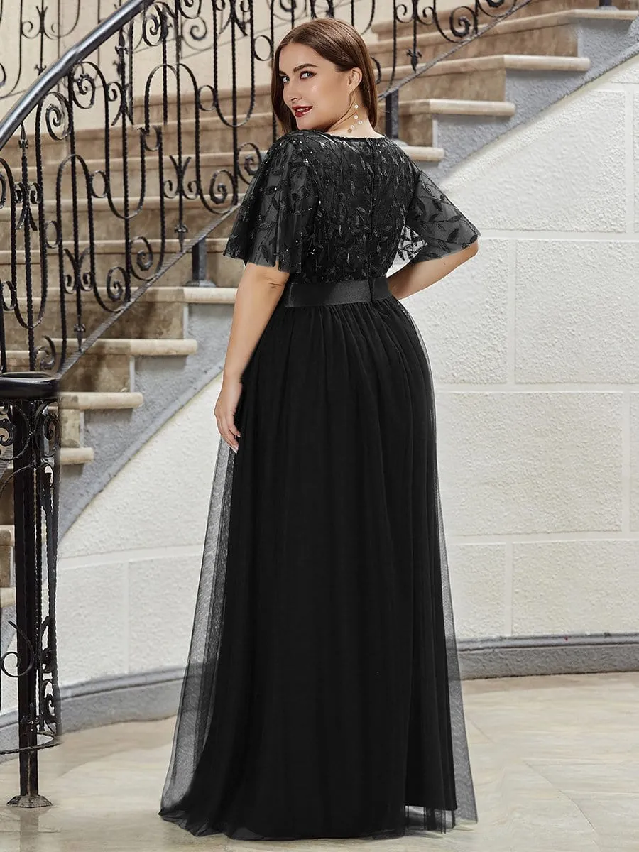 Women's A-Line Short Sleeve Embroidery Floor Length Evening Dresses