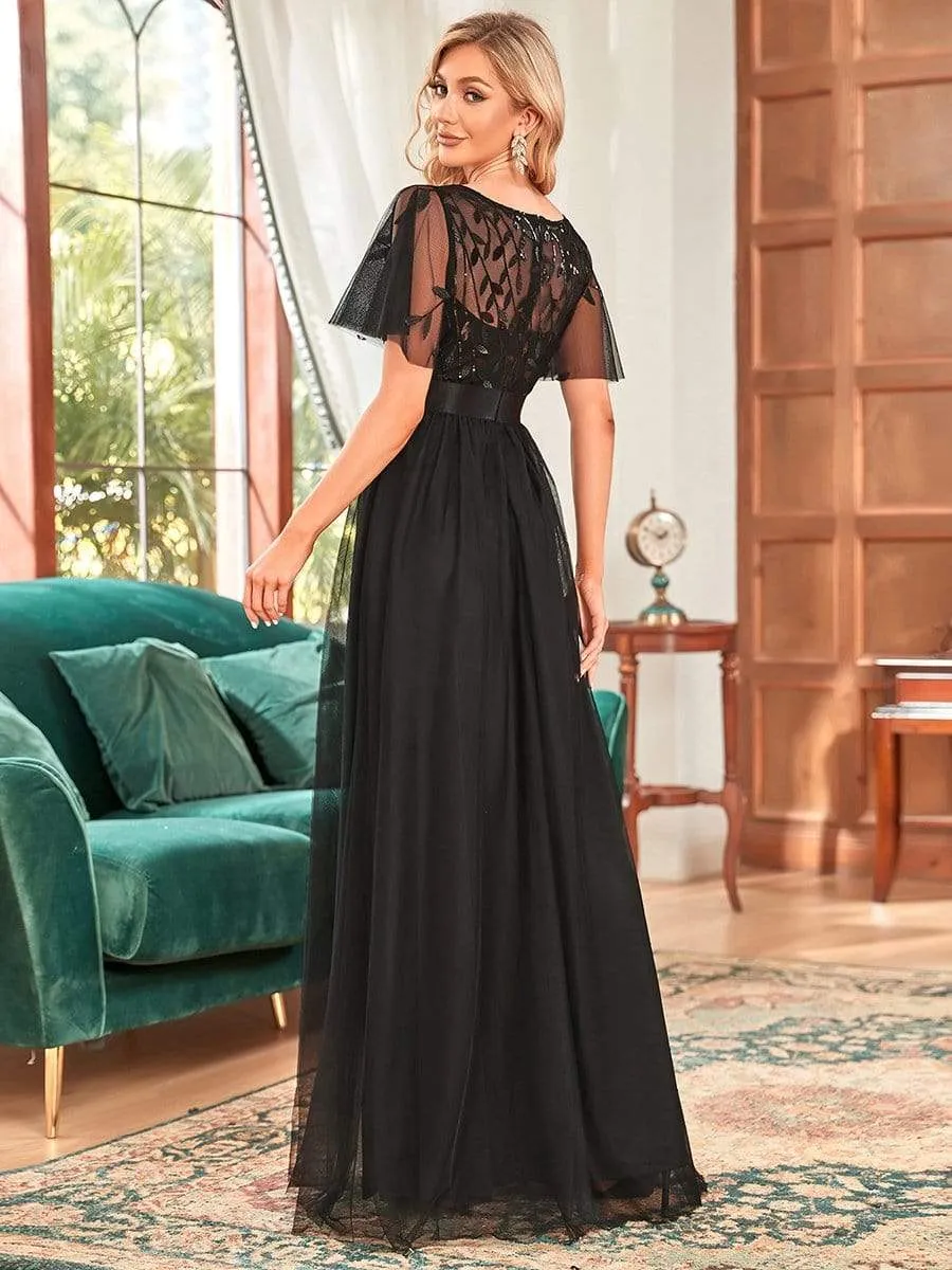 Women's A-Line Short Sleeve Embroidery Floor Length Evening Dresses