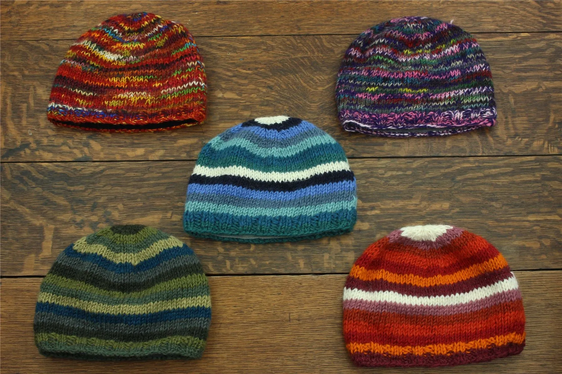 Wool Knit Beanie Hat - Stripe Rust