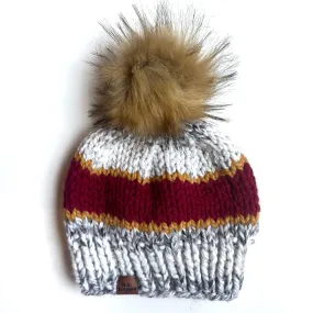 Youth Stripe Knit Pom Hat | Red   Mustard Yellow   Marble