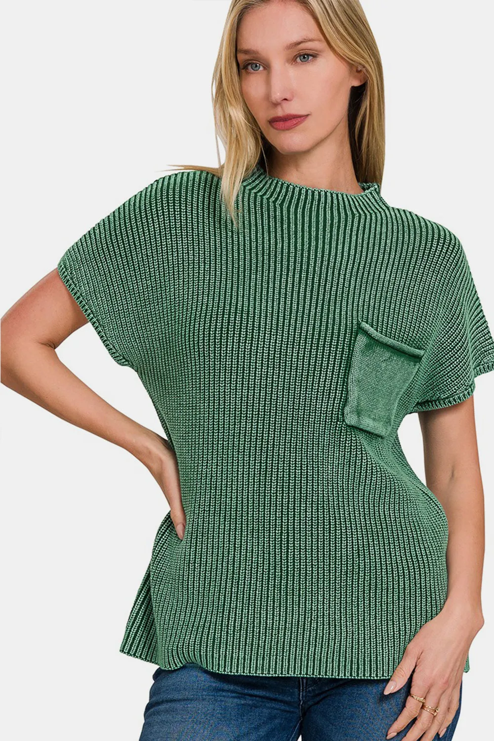 Zenana Washed Mock Neck Short Sleeve Sweater